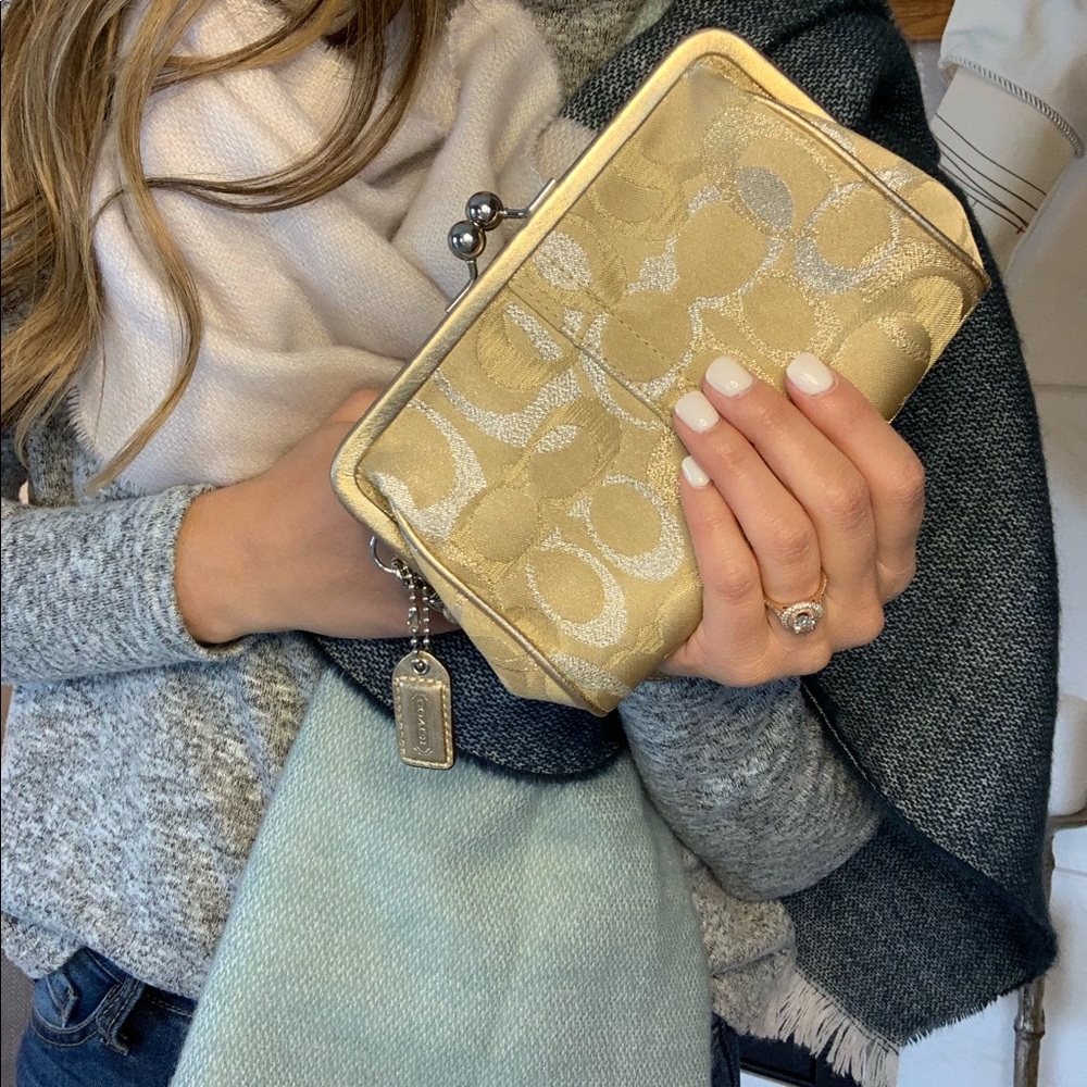 Coach wristlet, gold and silver thread detailing